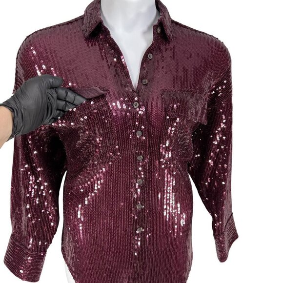 Anthropologie Pilcro Women XS OVERSIZED Burgundy Sequin Button Up Fairy Glam Top - Picture 10 of 16